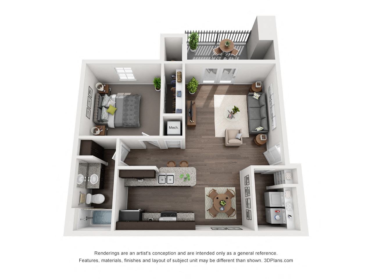 Floor plan for 1 bed, 1 bath, 716 sqft